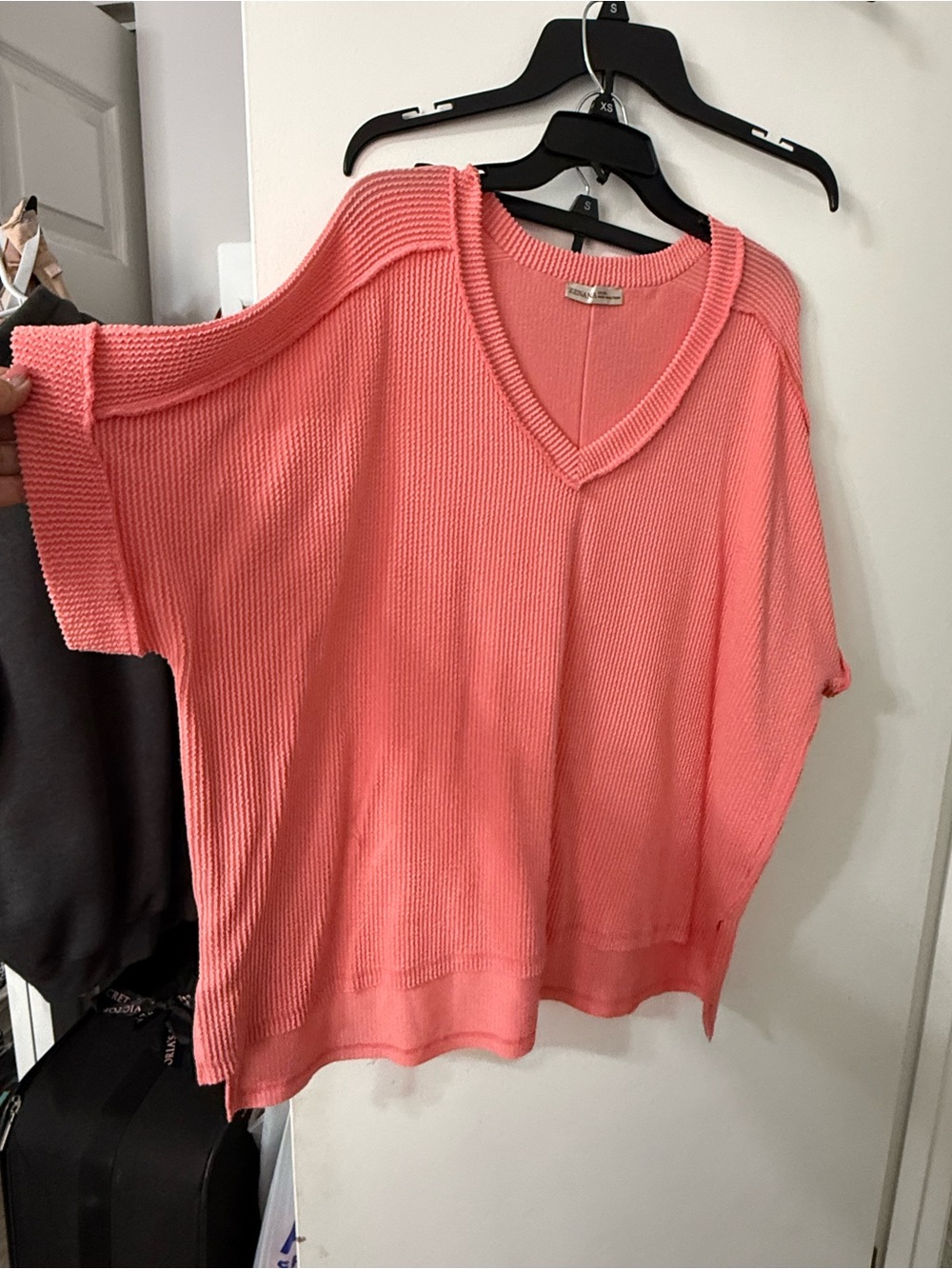 Zenana Outfitters Coral V-Neck Boxy Short Sleeve Sweater